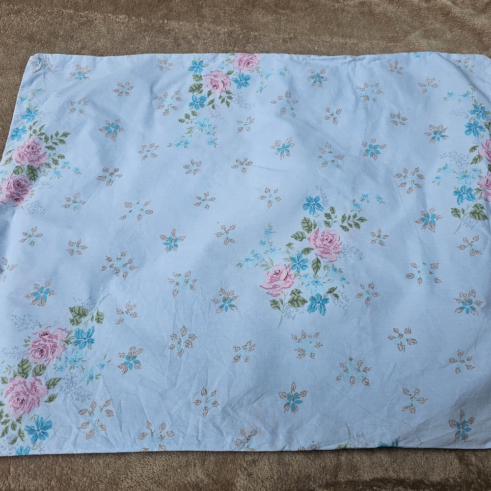 Shabby Chic Floral Pillowcase with Pink and Blue Accents